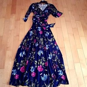 Navy Long Maxi 3/4 Sleeve Wrap Dress